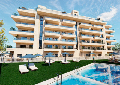 Vista exterior diurna de La Alfonsica II con piscina y zonas comunes