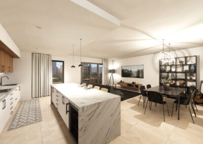 Interior de vivienda tipo A con cocina abierta y salón