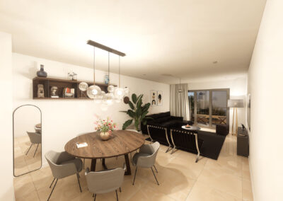 Interior de vivienda tipo B con salón, comedor y cocina